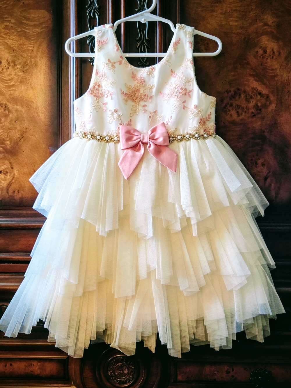 Ivory & Pink Floral Tulle Party Dress for Girls